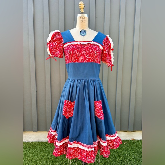 Handmade Dresses & Skirts - Handmade Vintage Americana Blue and Red Paisley Square Dance Dress